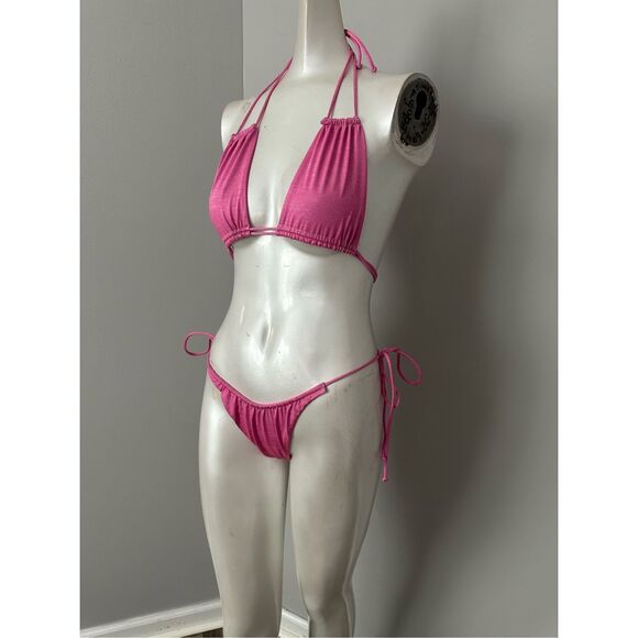 NWT Monica Hansen Beachwear Lurex Halter Bikini Top & Bottom 2Pc Set Pink Small - Picture 2 of 7